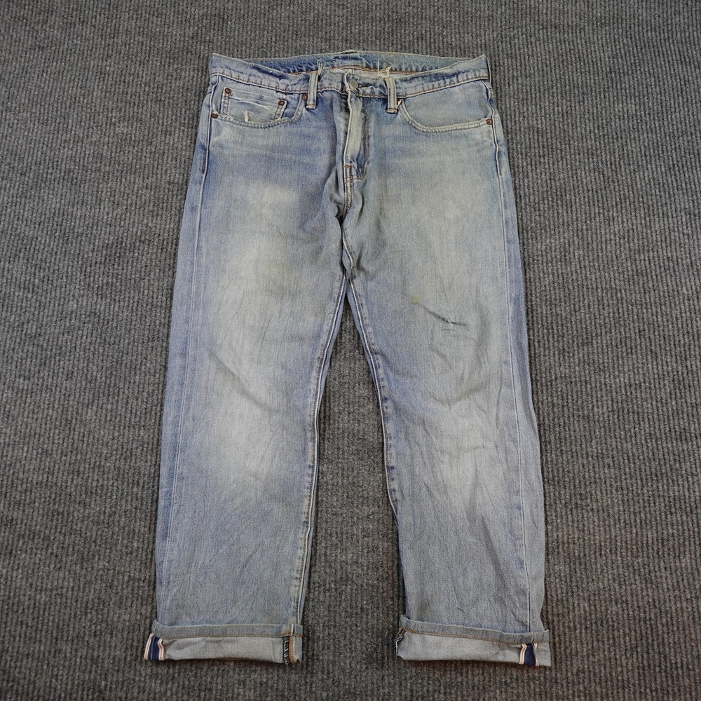 Levis 511 Selvedge Jeans Mens 34x26 Light Wash Blue Slim Distressed Denim